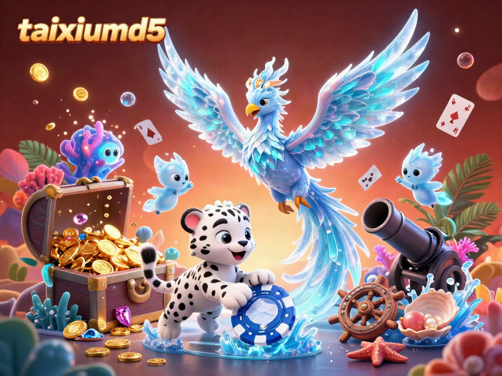 Engage with the lively taixiumd5 scene featuring an ice phoenix, snow leopard, and treasure amidst vibrant casino elements.