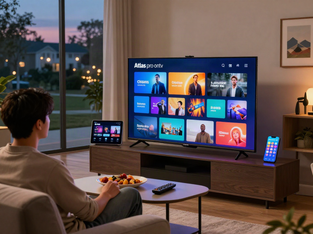 Configuration de télévision numérique avec Atlas pro ontv, utilisateur devant un écran lumineux dans un cadre confortable.