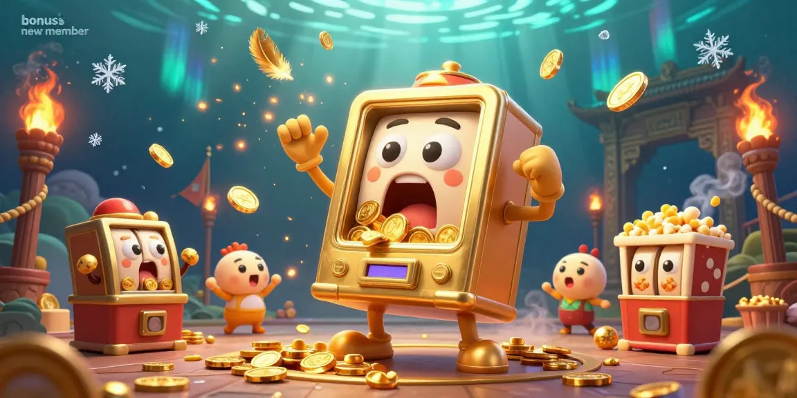 This vibrant 3D illustration showcases the slot machine hitting a jackpot, highlighting the bonus new member offer with gold coins cascading dynamically.
