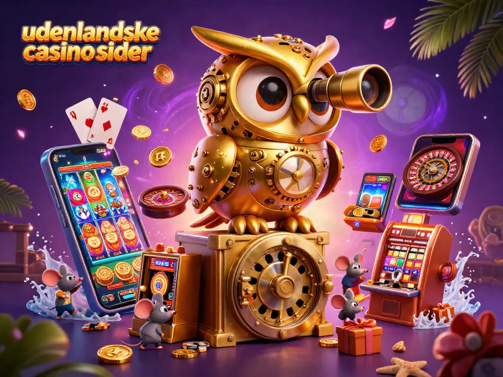 Play slots and win big at udenlandske casino sider featuring a 3D golden owl and vibrant game elements.