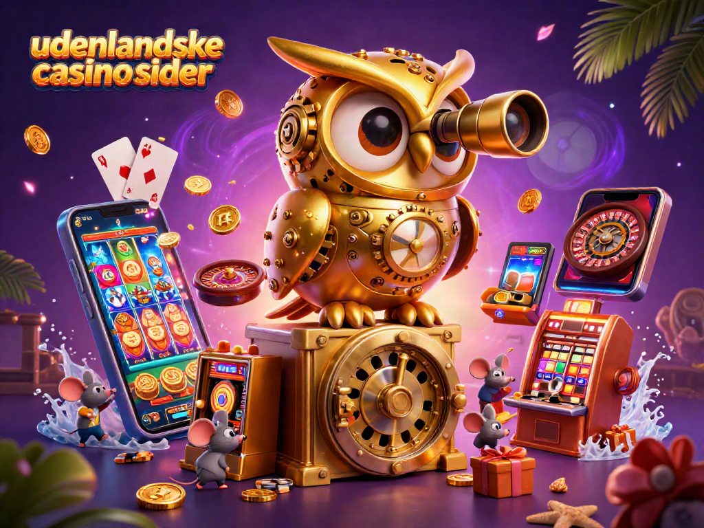 Play slots and win big at udenlandske casino sider featuring a 3D golden owl and vibrant game elements.