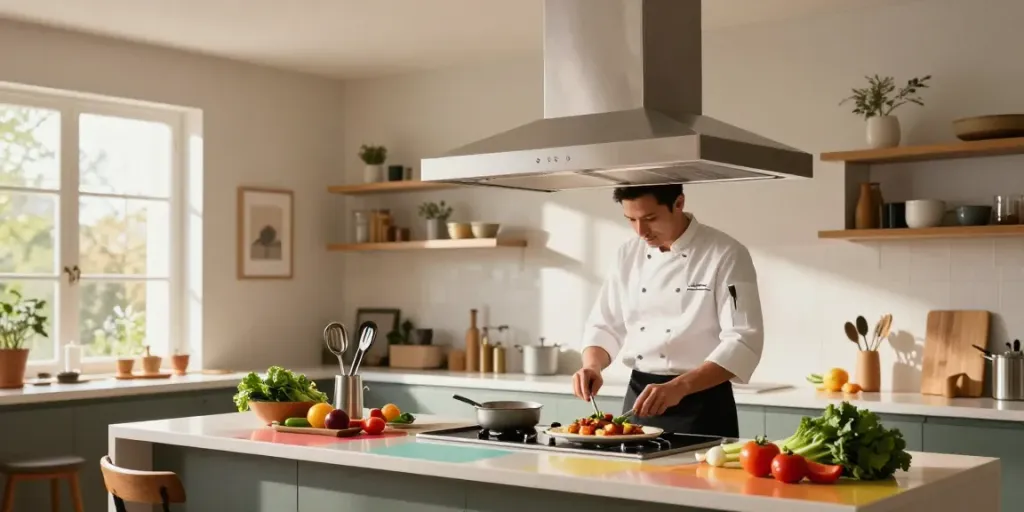Hotte aspirante sans évacuation dans une cuisine moderne avec un chef préparant un plat gourmet.