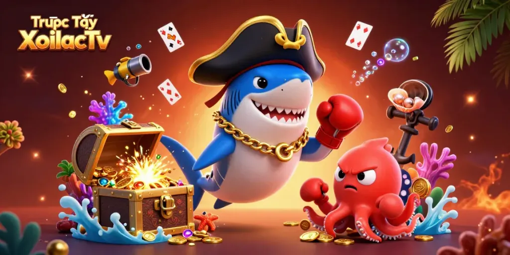 Engaging scene depicting Trực Tiếp XoilacTv's lively characters surrounded by an abundance of gaming treasures.
