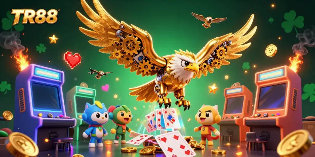 Engage in the excitement of TR88, where a cybernetic golden eagle dives through holographic cards amidst vibrant casino elements.