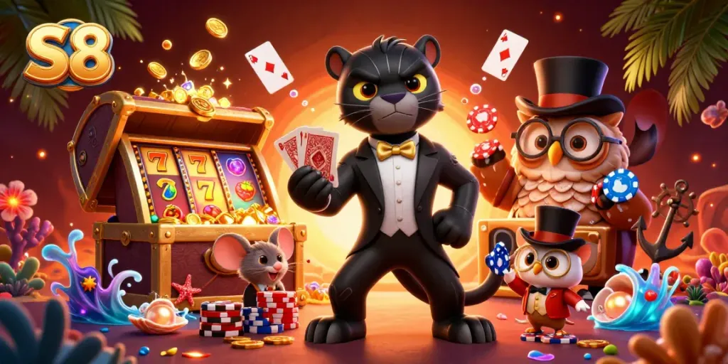 Experience the excitement of S8 casino gaming with a stylish panther dealer and vibrant game elements.